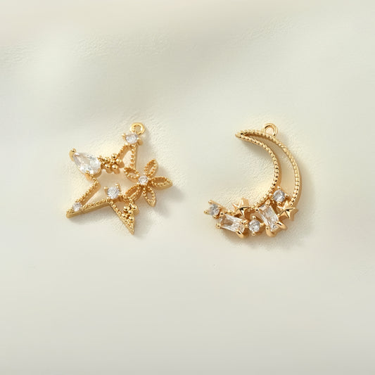 Star/Moon Shaped Inlaid Zircon Open-Work 18K Gold Plated Pendant